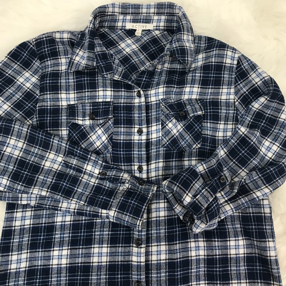 Active Plaid Flannel Long Roll Up Sleeve Navy Blue